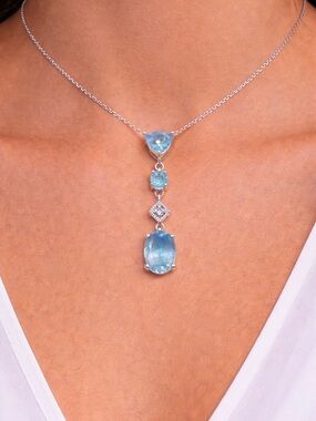 Sterling Silver Blue Gem Drop Pendant with Diamond Accents- Blue